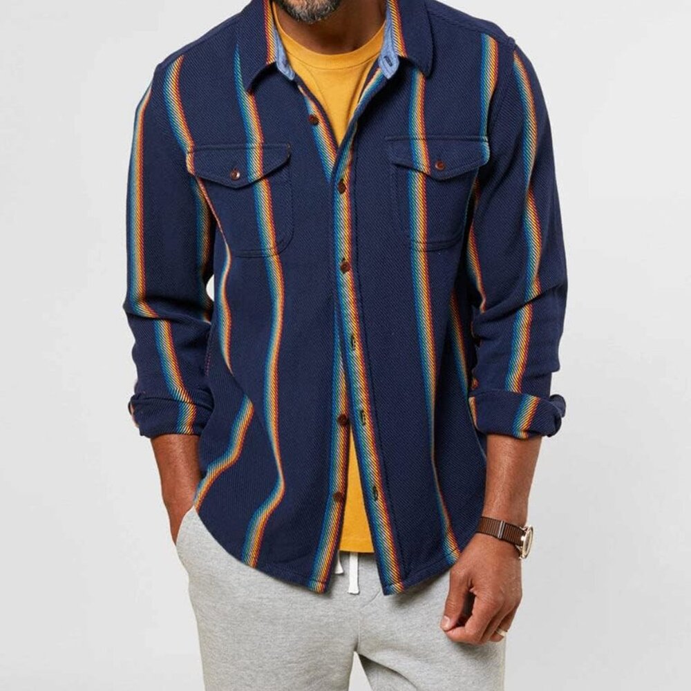 Outerknown NWT Sz M Organic Cotton Blanket Shirt Marine Rainbow Stripe